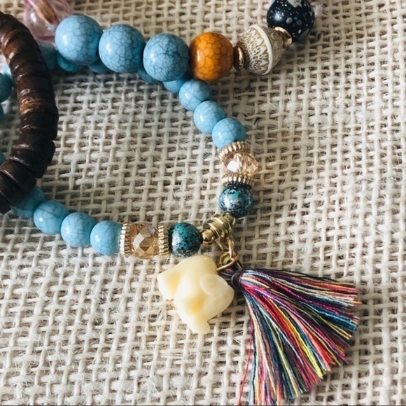 3/$30 Bohemian Fringe Tassel Beaded Elephant Charm Bracelet Set 8” Inch -0069 - Picture 2 of 4